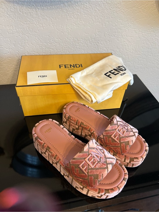 Fendi Shoes - Fendi Pink and Cream FF Logo Velvet Platform Slides
